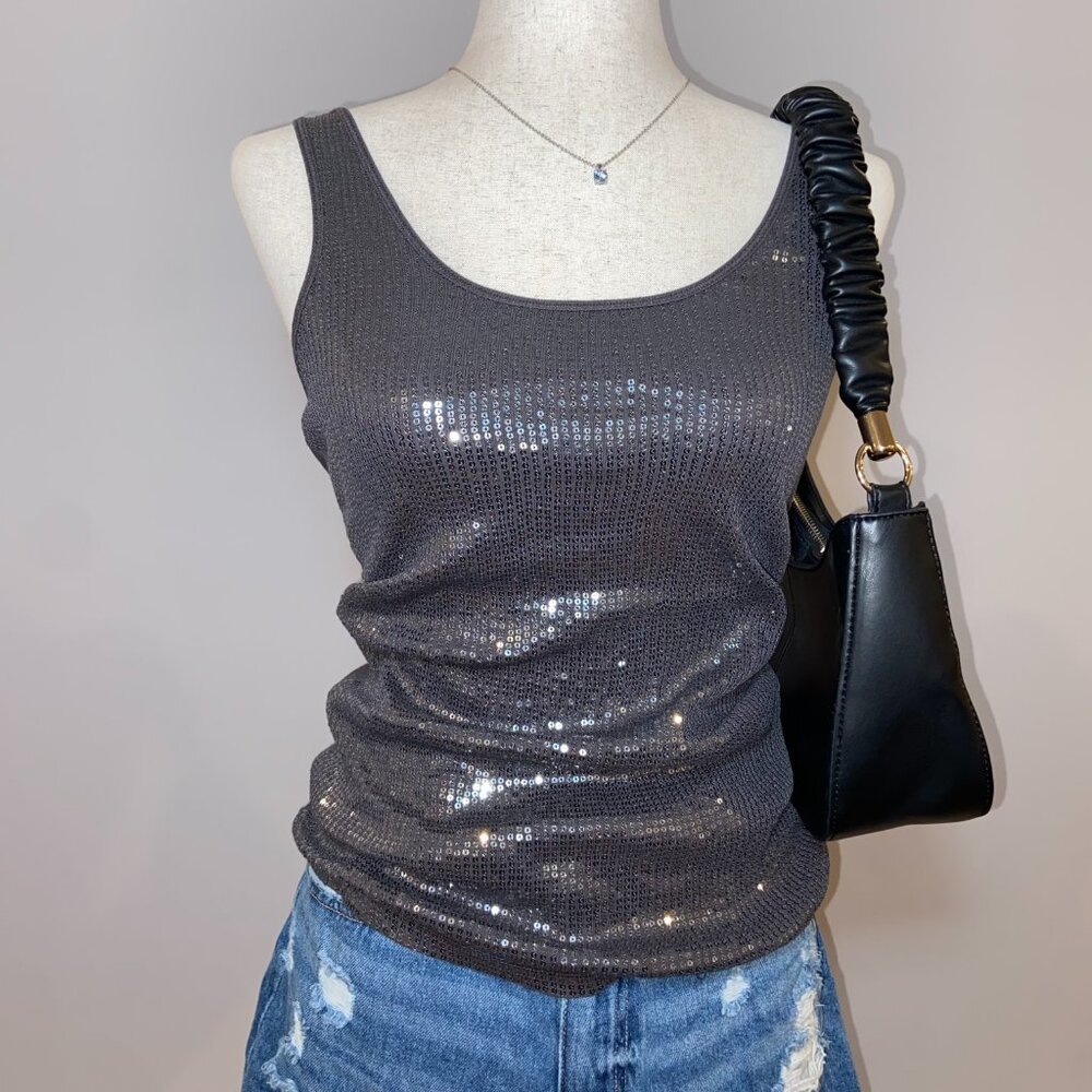 Express Sexy Basic Dark Grey Sequin Racerback Tank Top y2k Size Small